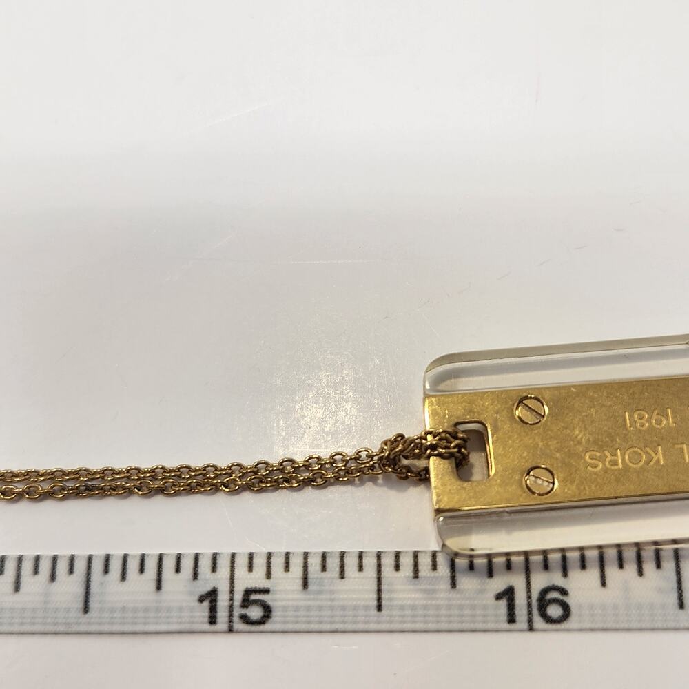 Michael Kors Gold Tone Acetate Logo Dog Tag Pendant Necklace Long Chain Designer - Picture 6 of 6